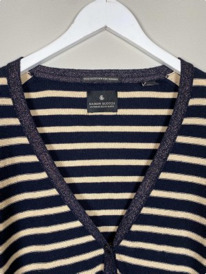 Maison Scotch str. L <br/> blå og hvid stribet cardigan med glimmerkanter