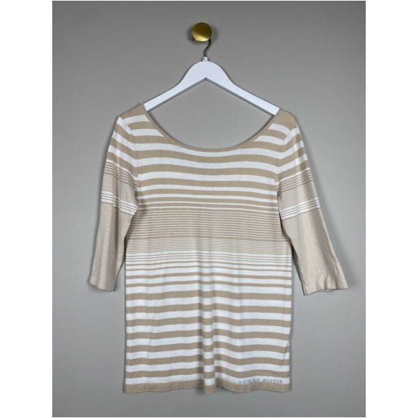 Kathleen Madden str. S <br/> hvid og beige stribet bluse