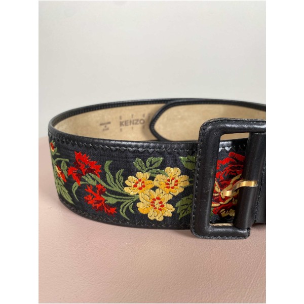 Kenzo <br/> sort bælte med blomster 85cm - Image 2