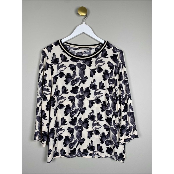 Inwear str. 40 <br/> hvid bluse med gråsorte blomster