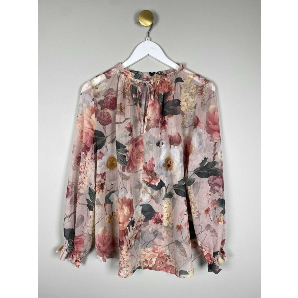 H&M STr. M <br/> Bluse med blomster, rosa.