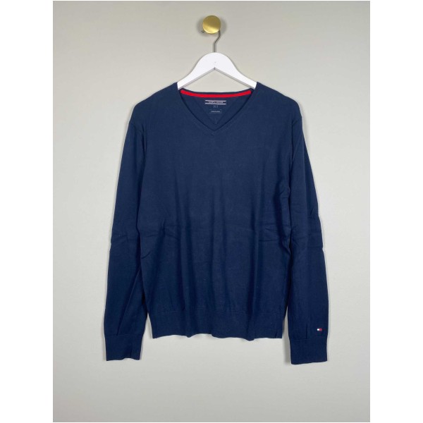 Tommy Hilfiger Str. L <br/> Strikbluse, mørkeblå.