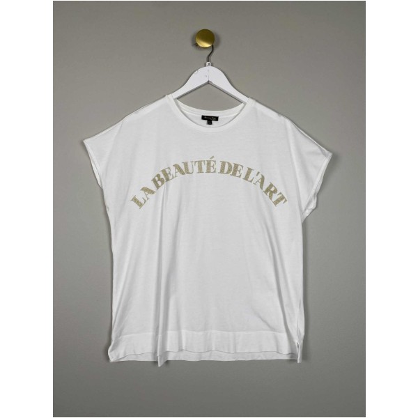Massimo Dutti Str. M <br/> T-shirt, hvid med glimmer skrift.