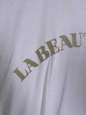 Massimo Dutti Str. M <br/> T-shirt, hvid med glimmer skrift.
