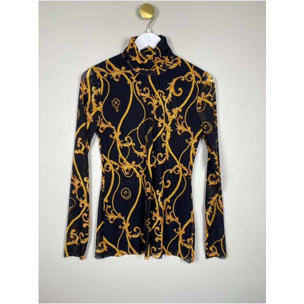 Ganni str. 40 <br/> transparent sort bluse med print
