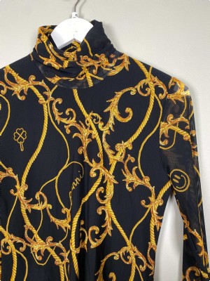 Ganni str. 40 <br/> transparent sort bluse med print