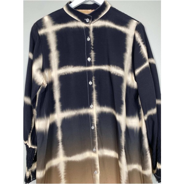 Marta str. S/M <br/> sort og beige kjole med smock på ærmerne - Image 2
