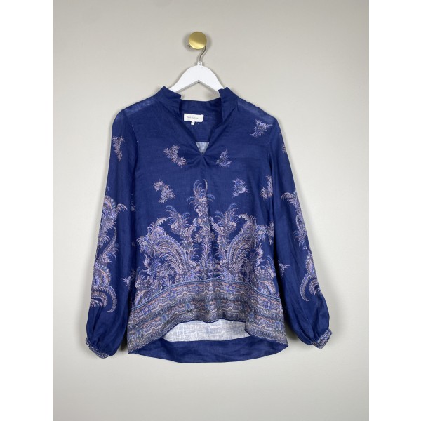 Dea Kudibal str. XS <br/> blå hørbluse med mønster