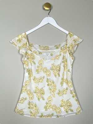 Ann Taylor str. S <br/> råhvid top med gule blomster