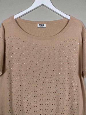 Sonia Rykiel str. L <br/> lang beige bluse med rhinsten