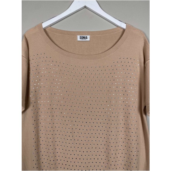 Sonia Rykiel str. L <br/> lang beige bluse med rhinsten - Image 2