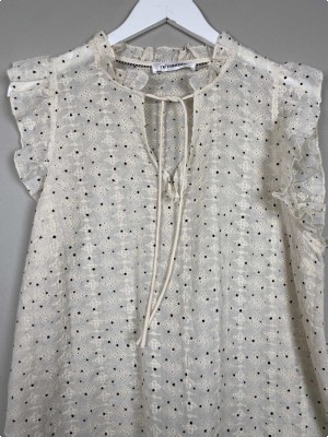 Co'Couture str. L <br/> råhvid top med sorte prikker