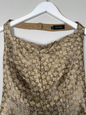 Créton str 36 <br/> guld brun top med blomster og åben ryg