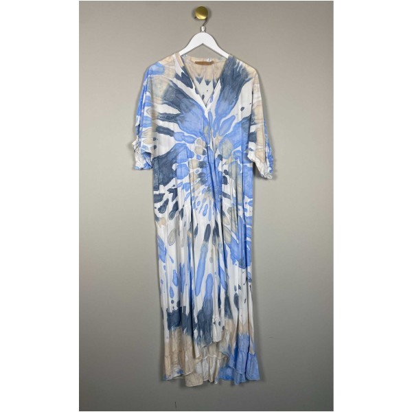 Marta str. L/XL <br/> lang kjole i blå og hvid