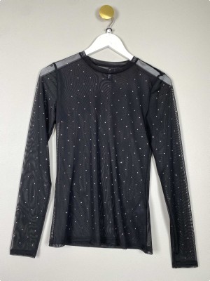 Pieces str. S <br/> sort mesh bluse med sten