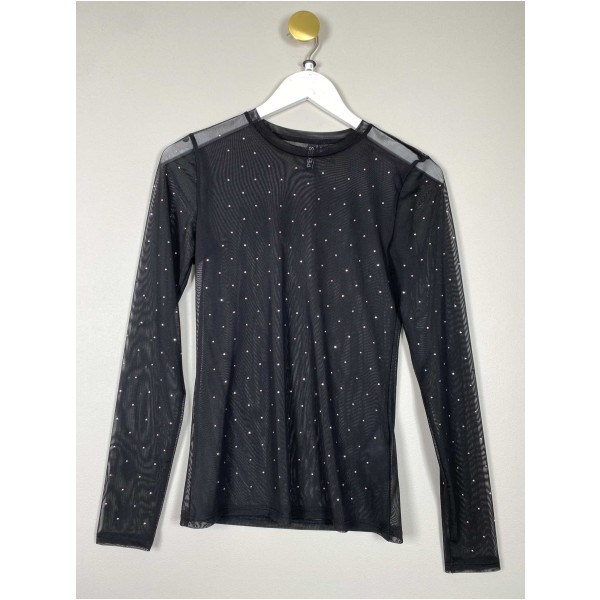 Pieces str. S <br/> sort mesh bluse med sten