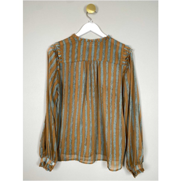 Coster Copenhagen str. 38 <br/> stribet bluse med flæsedetaljer - Billede 3