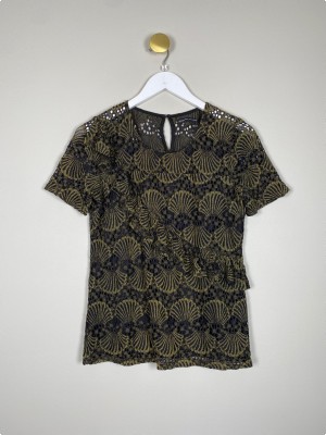 House of Soul str. M <br/> sort og grøn bluse med hulmønster