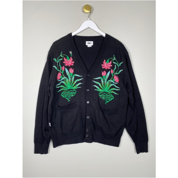 Obey str. M <br/> sort cardigan med blomster