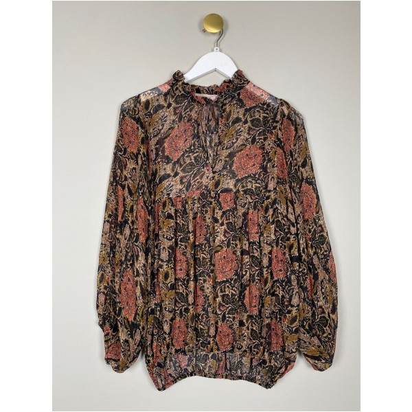 Eva go Diva str. M <br/> sort bluse med blomster