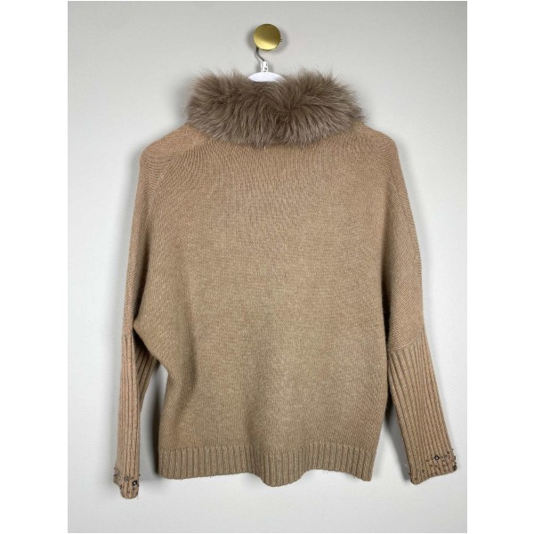 Interdee str. S/M <br/> brun cardigan med pelskrave og sten på lommer - Billede 3