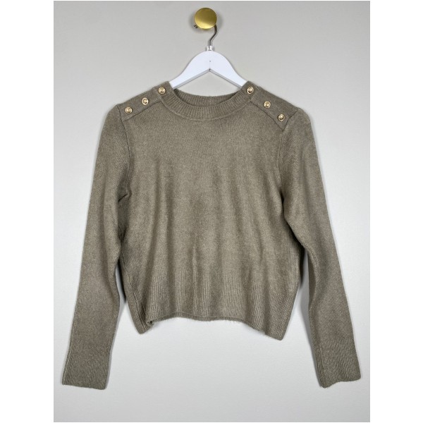 H&M sweater str. S <br/b> taupe sweater med guldknapper