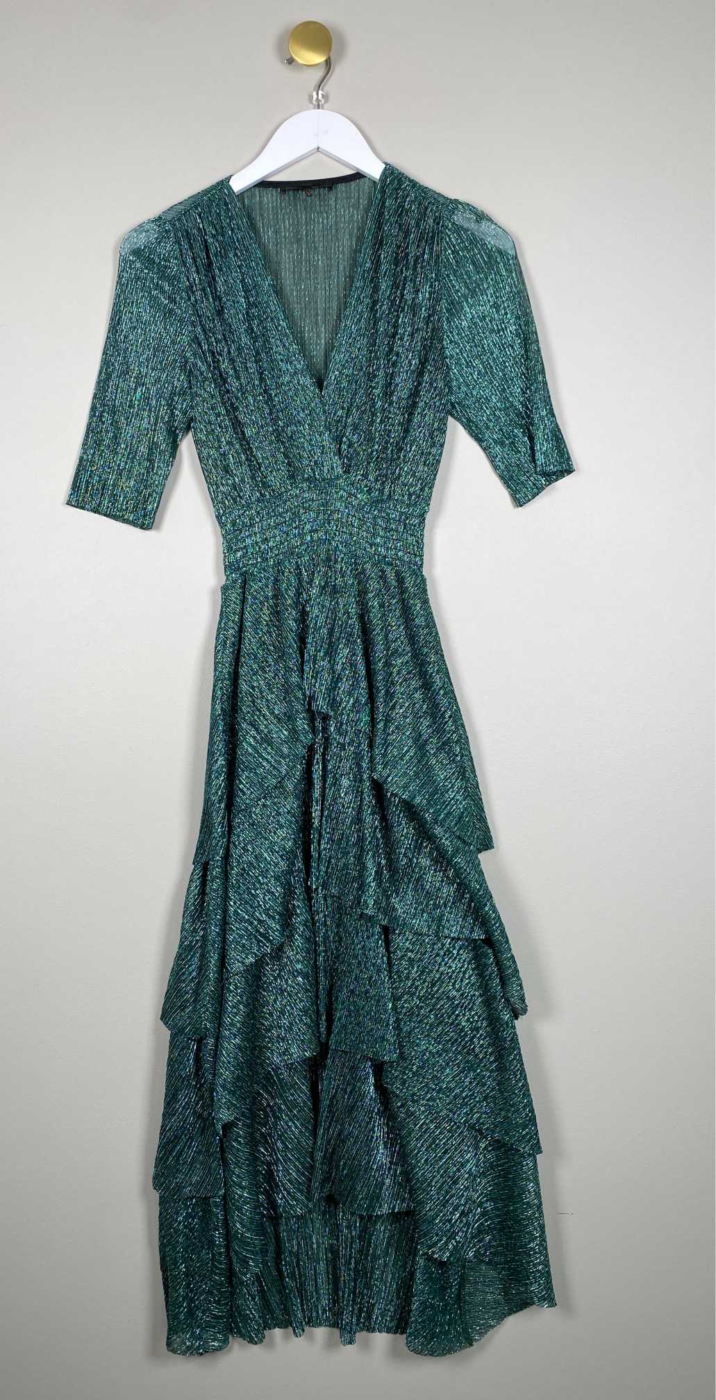 maje str. 36 <br/> grønmetalic lang kjole