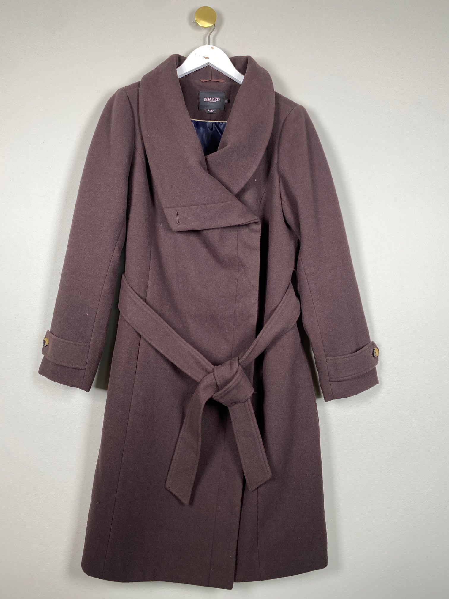 Soaked str. XL <br/> lang brun uldfrakke