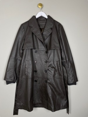 Depeche str. 40 <br/> læder trenchcoat mørk grå-brun