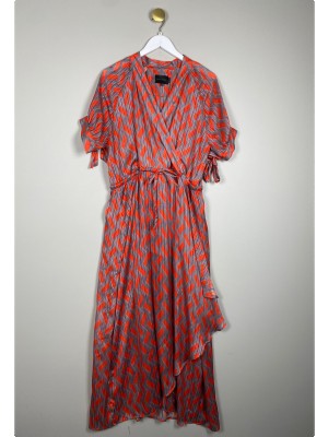 Birgitte Herskind str. 42 <br/> lang kjole i rød og grå