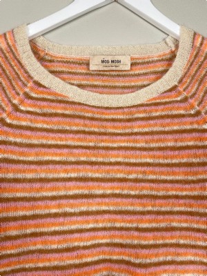 Mos Mosh str. M <br/> strikbluse i brun, orange, lyserød