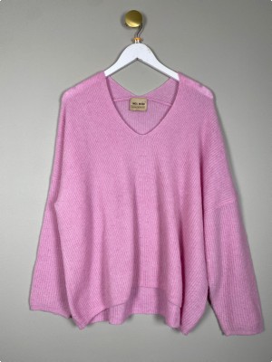 Mos Mosh str. L <br/> pink strik i uld/alpaka blanding