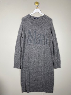 MaxMara str. M <br/> lang grå uldkjole med logo foran