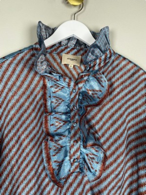 Joseph str. onesize <br/> blå og bordeaux bluse med flæser