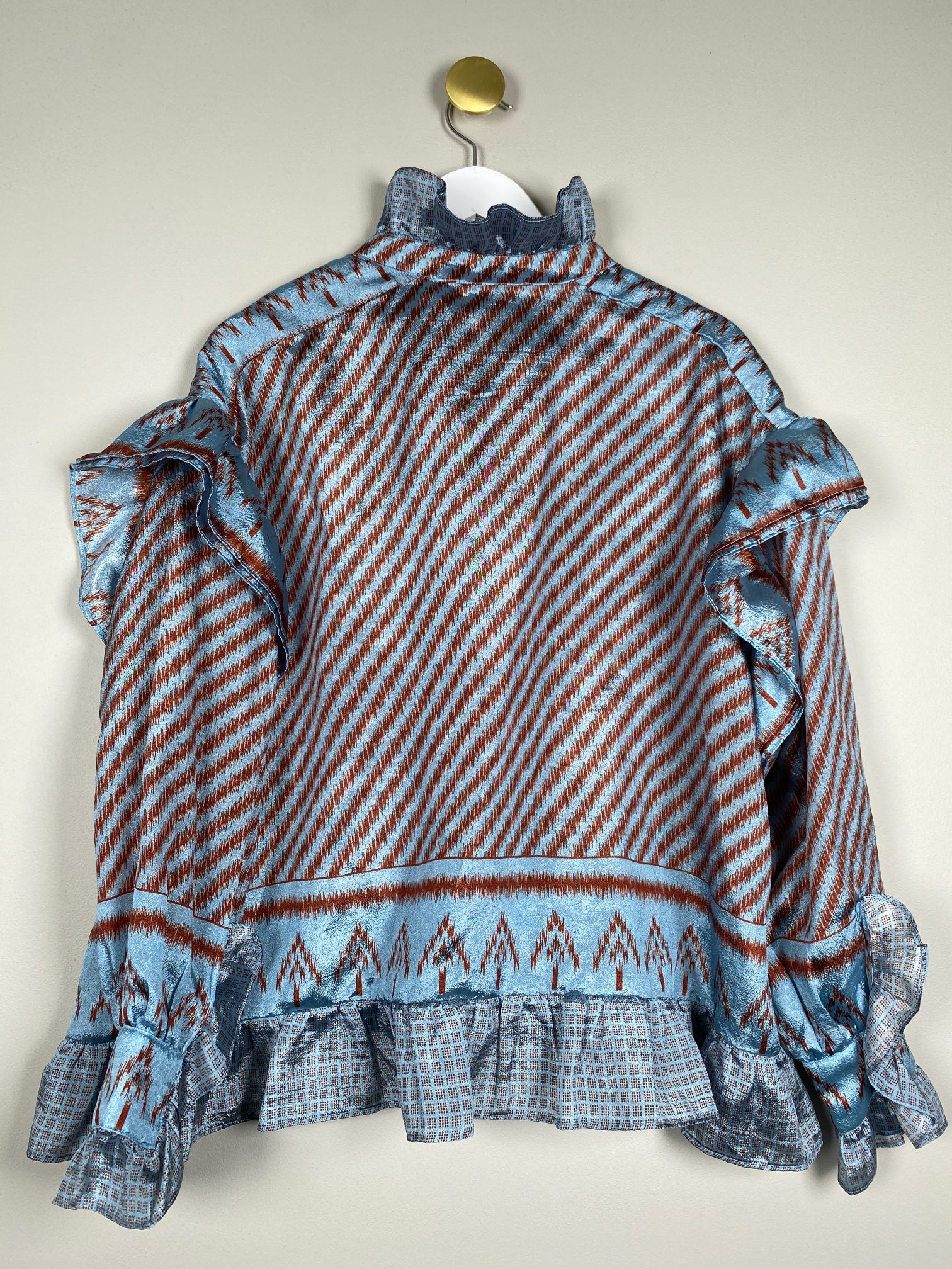 Joseph str. onesize <br/> blå og bordeaux bluse med flæser - Billede 3