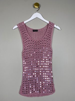 Molly Jo str. L XL <br/> rosa hæklet bluse med palietter