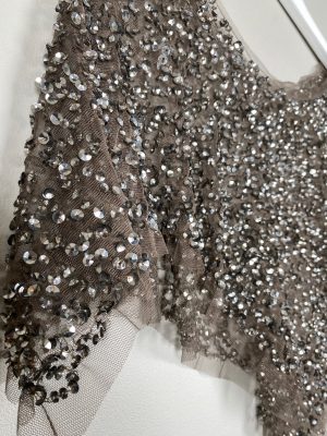 Gråbrun poncho top I tyl med palietter