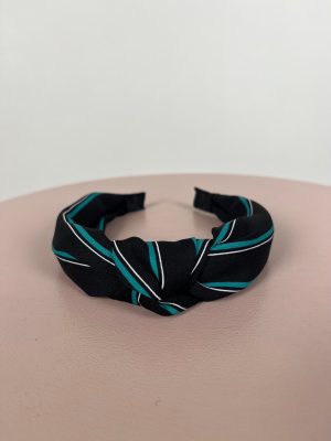 Hårbånd med snoning i sort stof med grøn og hvid stribe