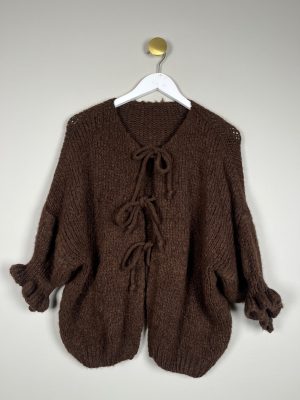 Cardigan str. SM <br/>vamset strik med bindebånd