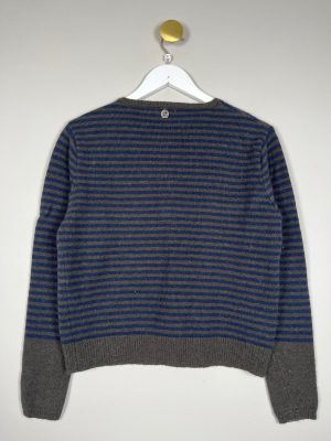 Claire str. 38 <br/> oliven marine stribet cardigan med rund hals
