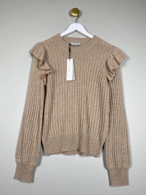 Neo Noir str. S <br/> lysbrun strik med flæse på ærmer