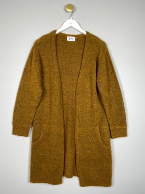 Isay str. S <br/> lang curry strik cardigan med sort nist