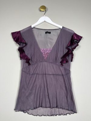 Minus str. M <br/> Chiffon bluse med blonde og flæse