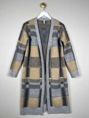 Soyaconcept str. S <br/> lang cardigan i grå, blå og brun