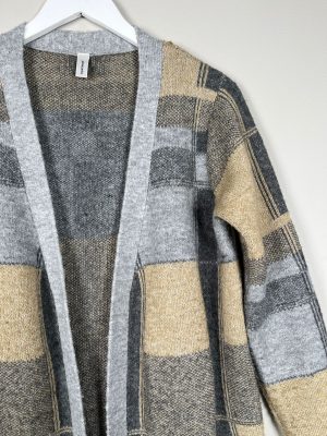 Soyaconcept str. S <br/> lang cardigan i grå, blå og brun